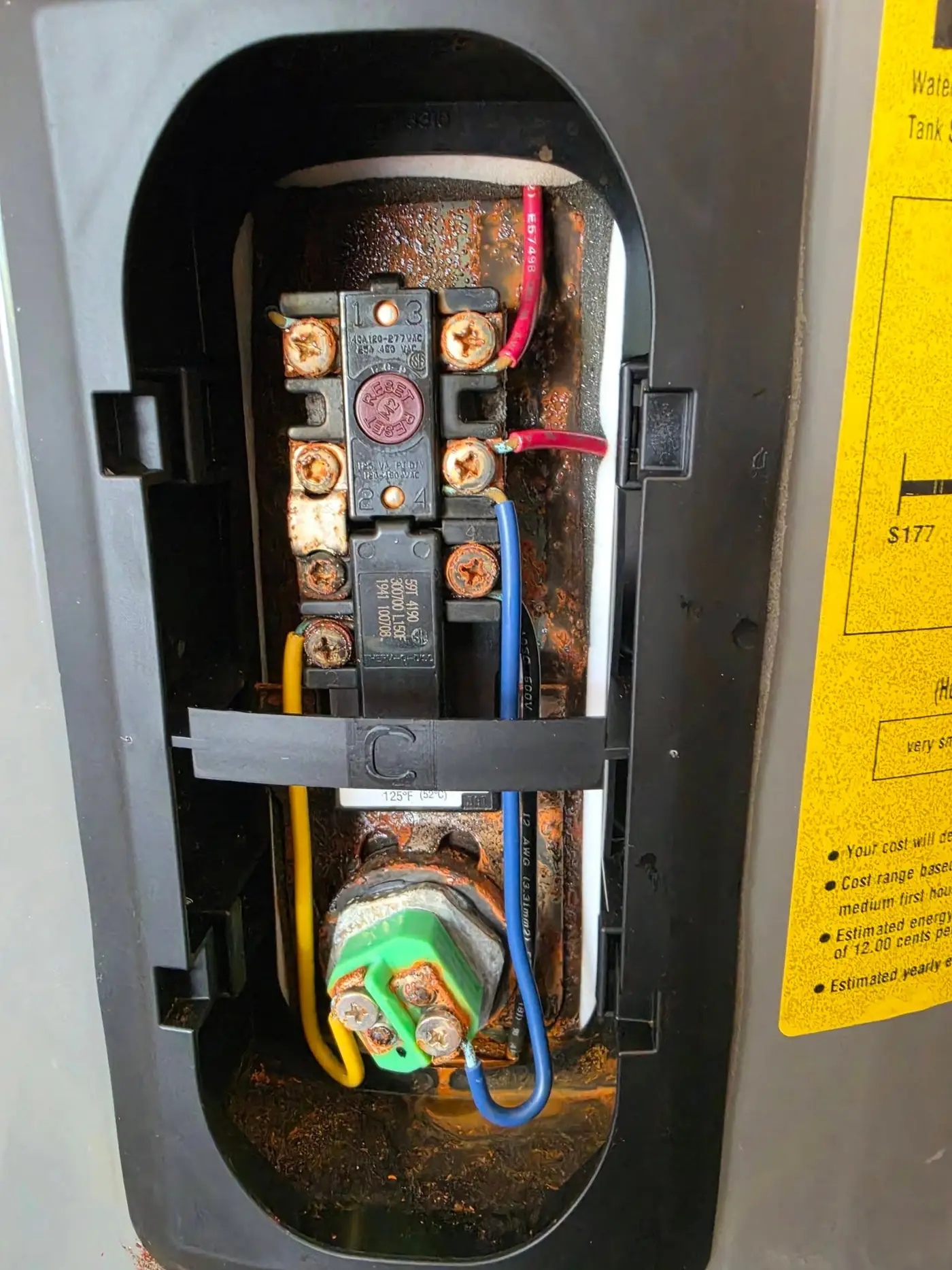 Electric water heater with its access panel open, showing the thermostat, wiring and heating element surrounded by rust and corrosion